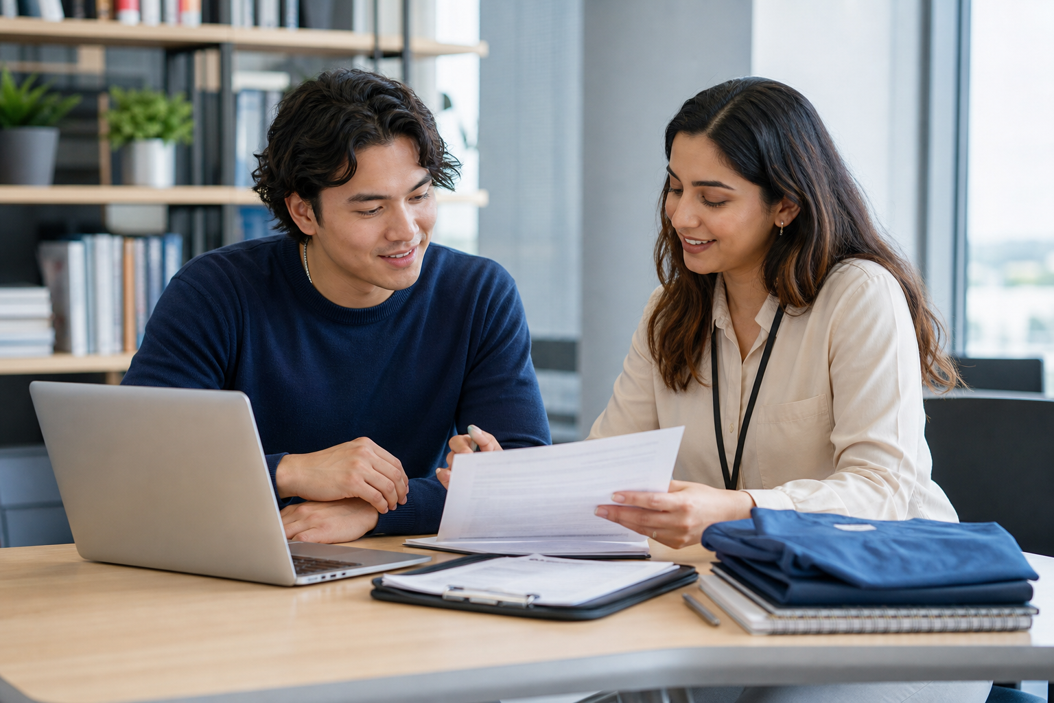 Student reviewing job opportunities with a career advisor