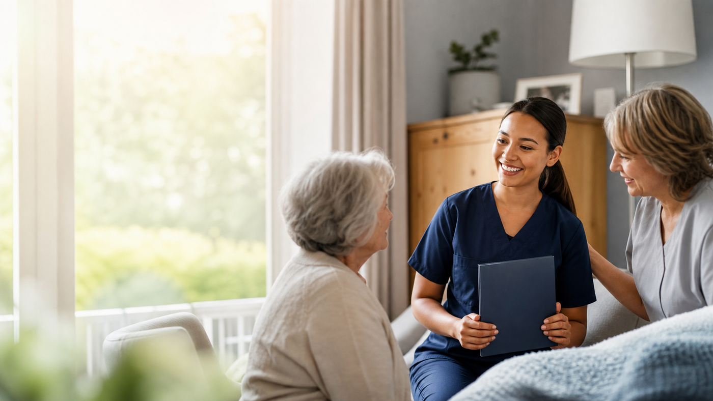 PSW graduate speaking with an older adult in a care setting